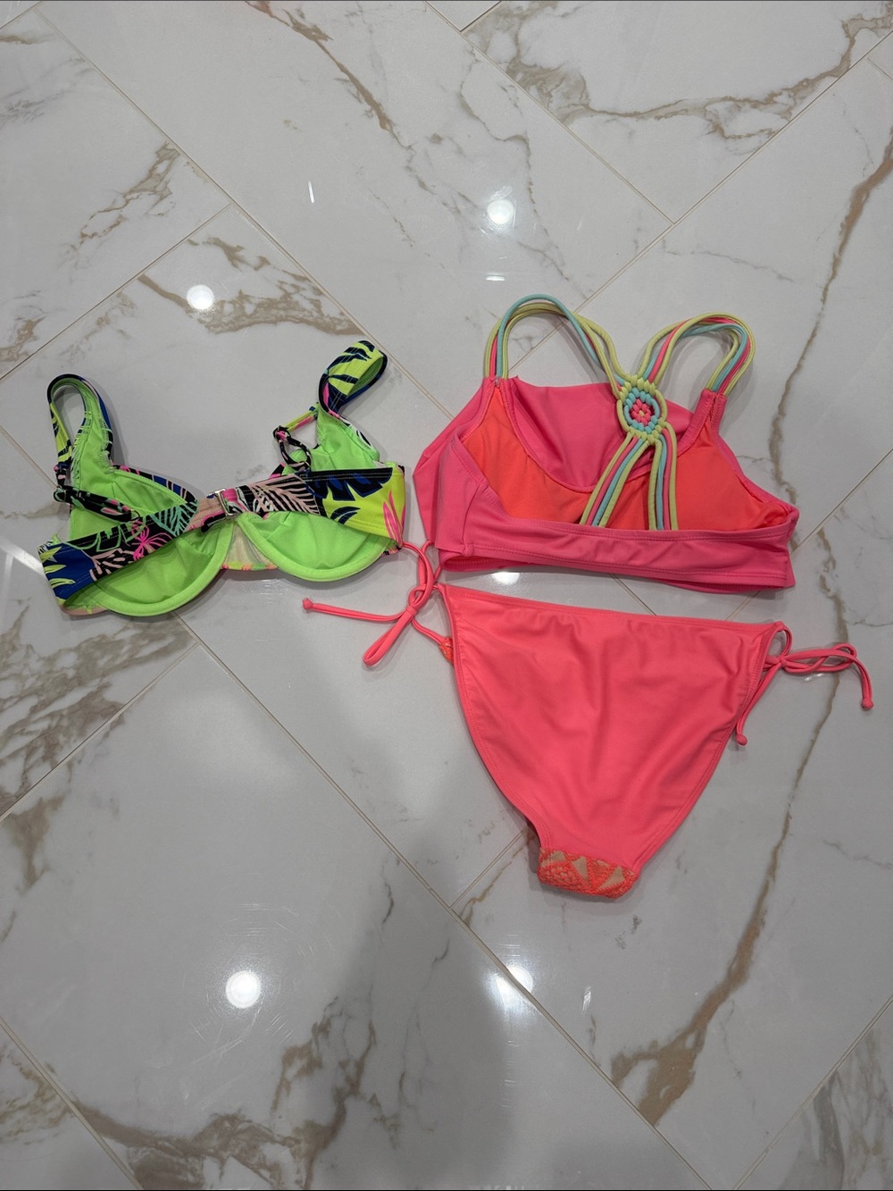 Neon Pink & Tropical Print Bikini Set - Two Tops + Bottom Small - Picture 5 of 9